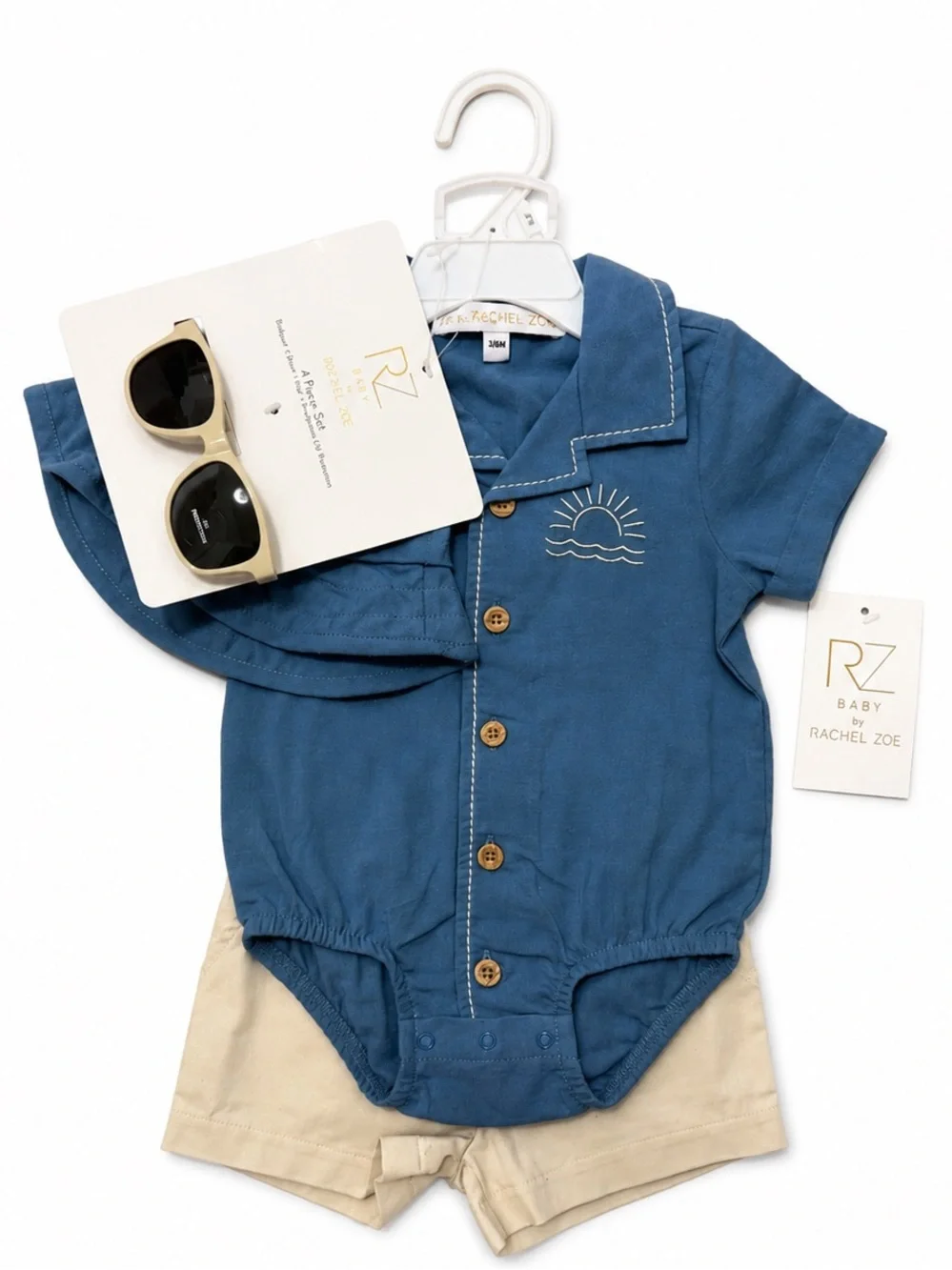 NEW - Rachel Zoe Baby Boy 4-Piece Outfit Set 3/6M Romper Shorts Hat Sunglasses